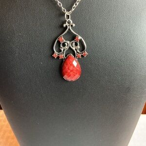 Red Teardrop Silver Tone Pendant Necklace